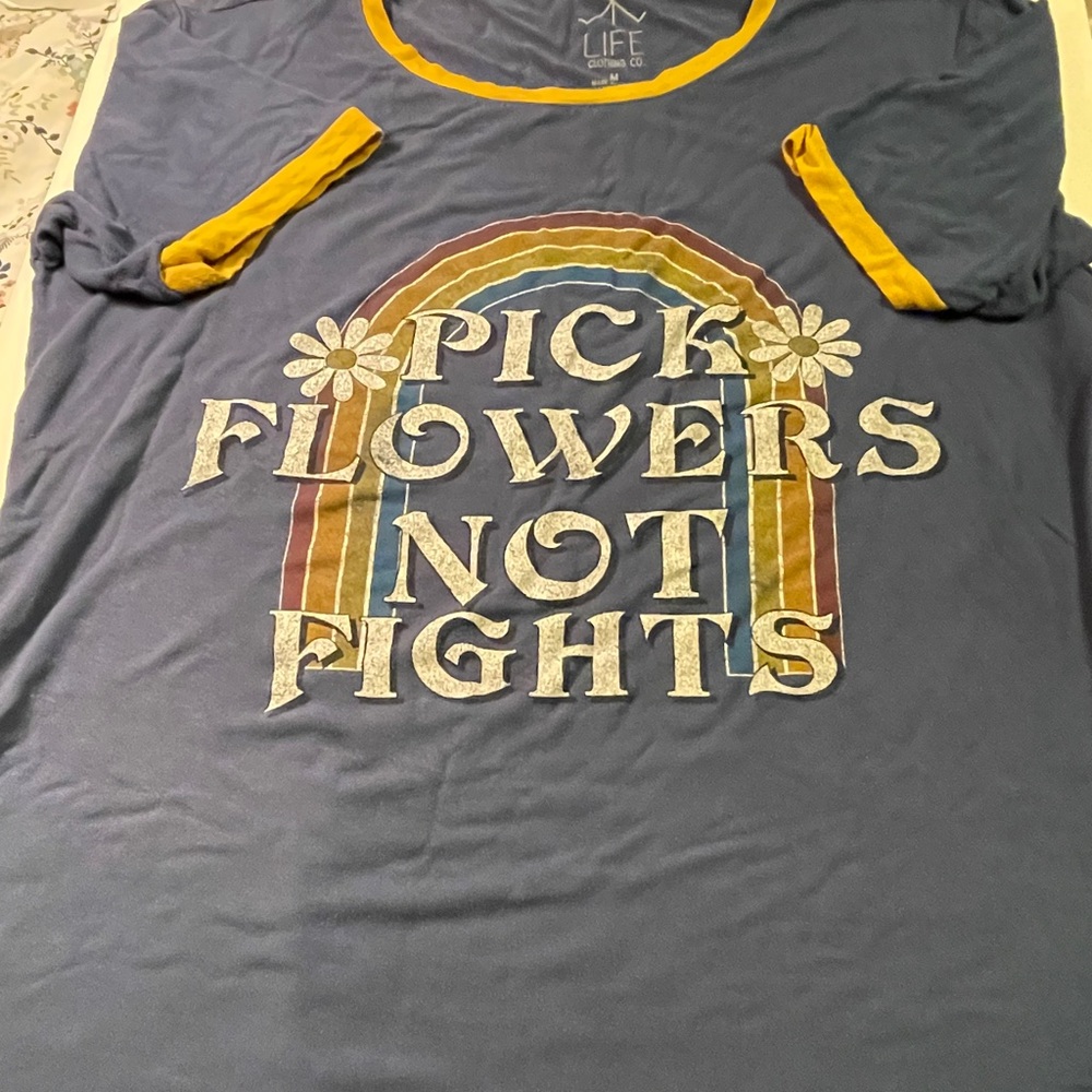 “Pick Flowers Not Fight” blue and yellow trim